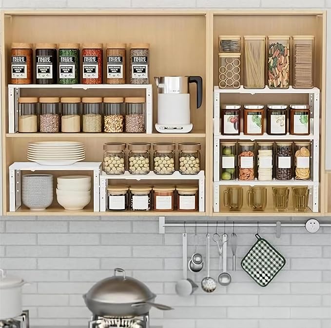 Expandable Spice Rack Organizion for Kitchen Cabinet, Seasoning,Bathroom Organizer Display Shelf, Stackable Multi-Purpose Shelves.Easy-to-Install（3Packs/White,Medium