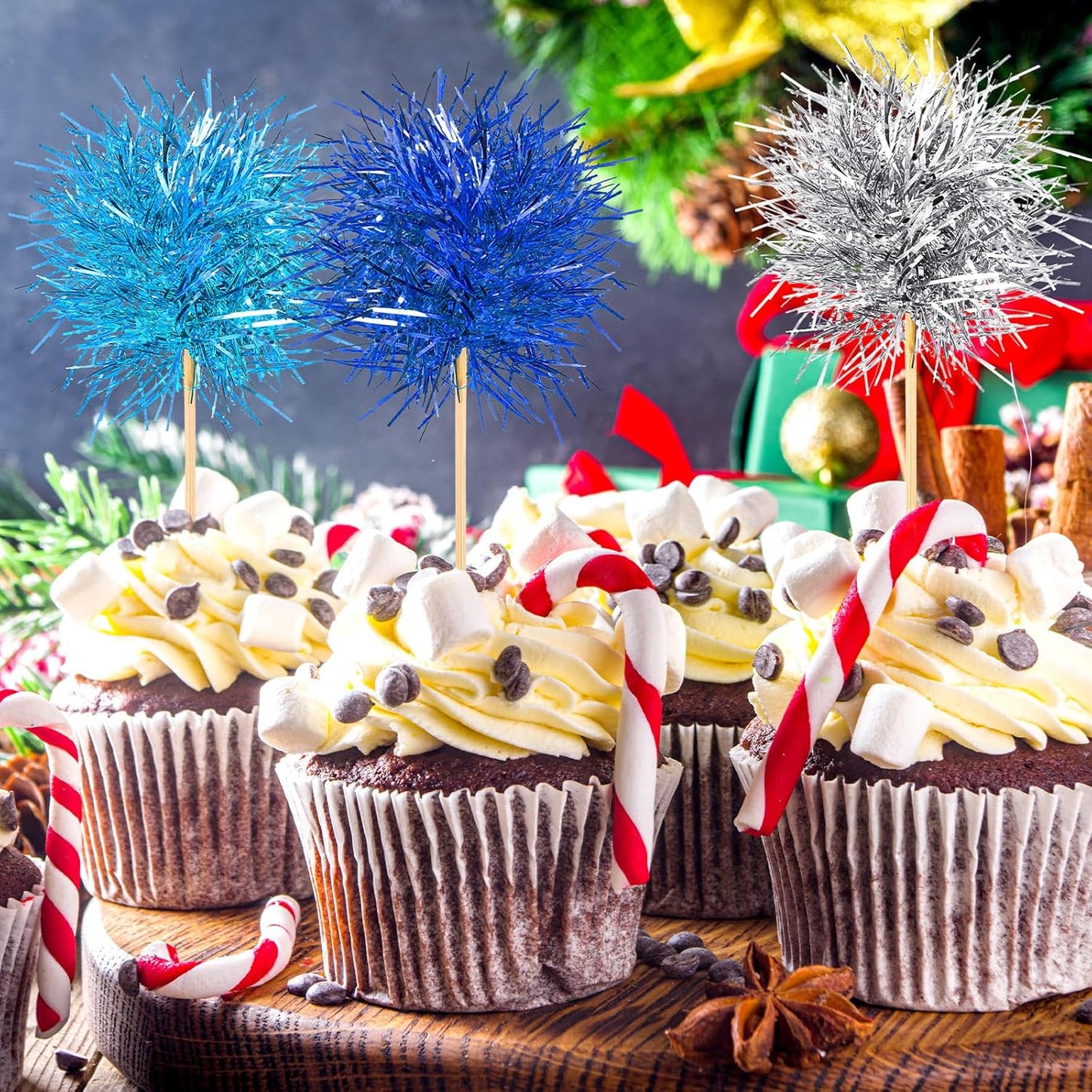 Chinco 100 Pcs Foil Firework Cupcake Toppers Sparkle Tinsel Cake Toppers Cake Decoration Cocktail Fruit Toothpick for Birthday Wedding Graduation Party(Dark Blue, Light Blue, Silver)