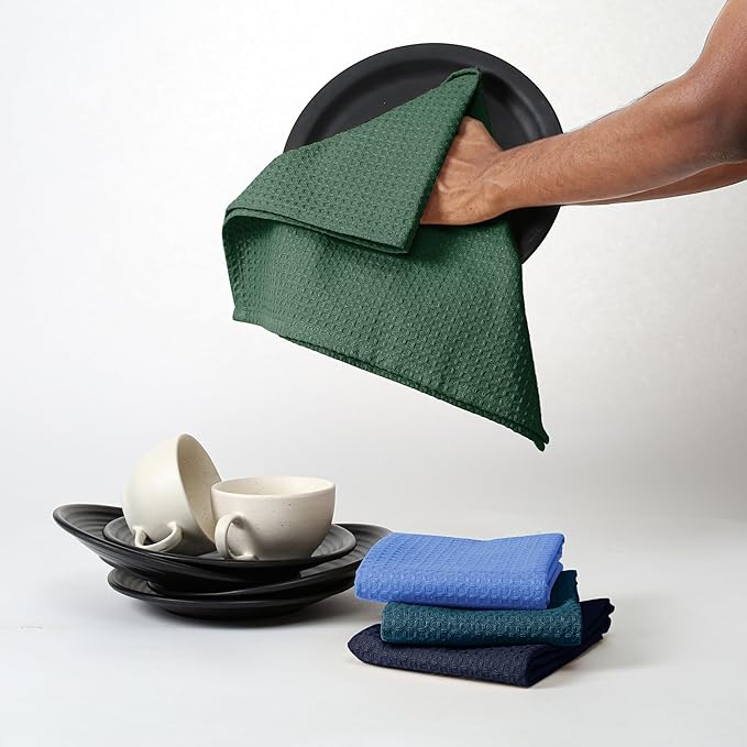 Multicolor Waffle Kitchen Towels, 16"x26", Soft, Absorbent, Durable, Fast Drying, Reusable, 100% Cotton, Ideal for Cleaning, Drying Dishes, Set of 4, Teal, Olive Green, Navy, Sky Blue