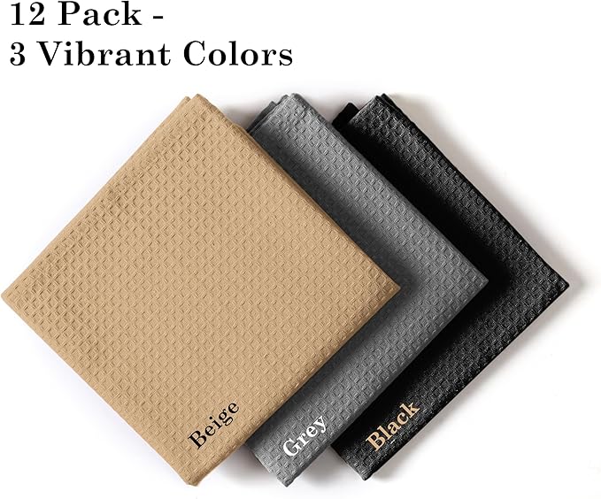 Waffle Dishcloths, 12x12 Inch, Soft, Absorbent, Durable, Quick Drying, Reusable, 100% Cotton, Ideal for Cleaning, Towels, Multipurpose Use, Set of 12, Black,Grey, Beige