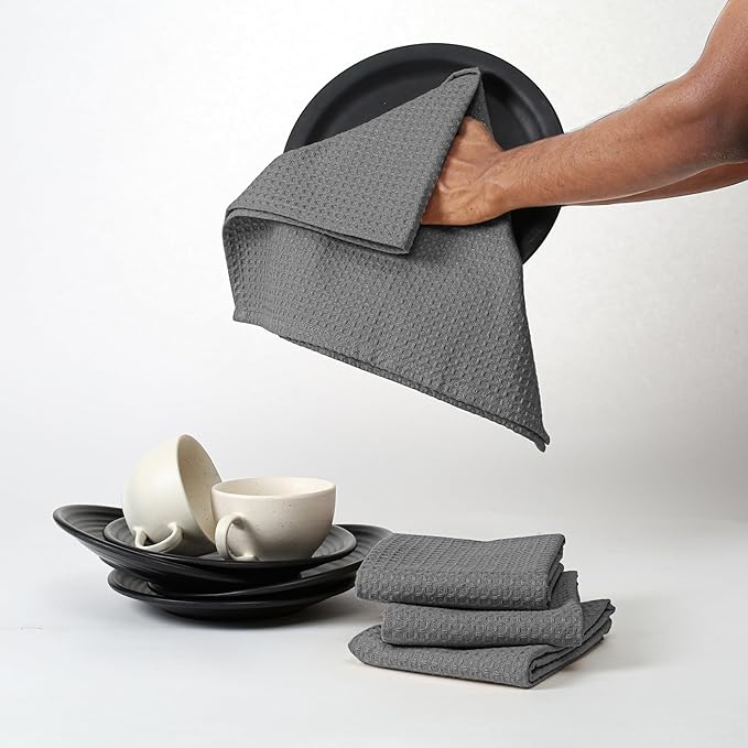 Grey Waffle Kitchen Towels, 16x26 Inches, Soft, Absorbent, 100% Cotton, Durable, Washable, and Quick Drying, Ideal for Kitchen Cleaning, Multipurpose Dish Towels, Set of 4