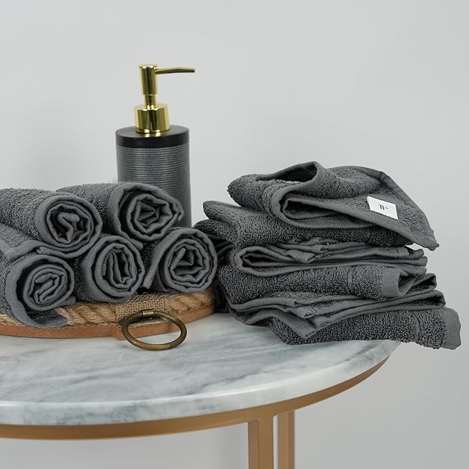 Tens Towels Pack of 24 Washcloths, 12 x 12 Inches, Lighter Weight, Quick to Dry, Super Soft & Absorbent, Gentle Face Towels, Hotel Quality, Perfect for Bathroom, Gym, Spa (Dark Grey, 24 Pack)