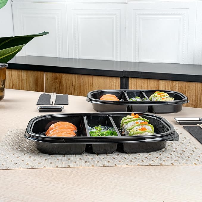 Restaurantware-Bento Tek 50.7 Ounce Meal Prep Containers, 100 Disposable To Go Food Boxes - Lids Sold Separately, 5 Compartments, Black Plastic Bento Lunch Boxes, Freezable, For Take Out