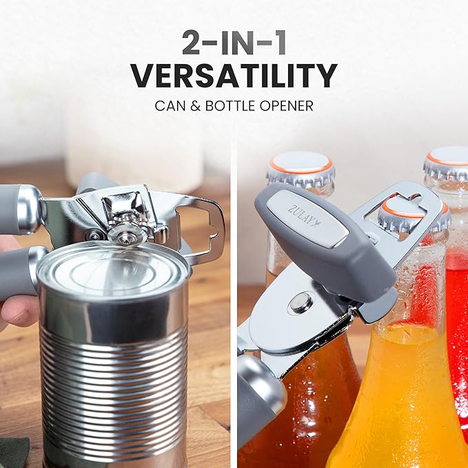 Zulay Kitchen Heavy Duty Stainless Steel Can Opener Manual with Bottle Opener - Rust Proof Manual Can Opener With Turn Knob & Soft Grip Handles
