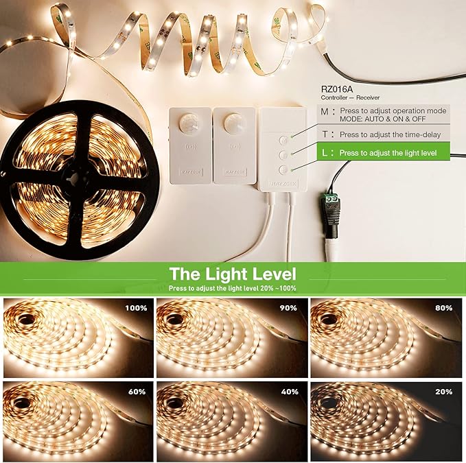 Wireless Motion Activated LED Strip Lights,19.7FT LED Strip Lights with Power Adapter,RF Wireless Motion Sensor Control Dimmer,Timing,Warm White (1×Controller+2×Motion Sensor)
