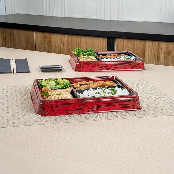 Restaurantware-Bento Tek 18.6 Ounce Meal Prep Containers, 50 Disposable To Go Food Boxes - Lids Sold Separately, 4 Compartments, Red And Black Plastic Bento Lunch Boxes, Freezable, For Take Out