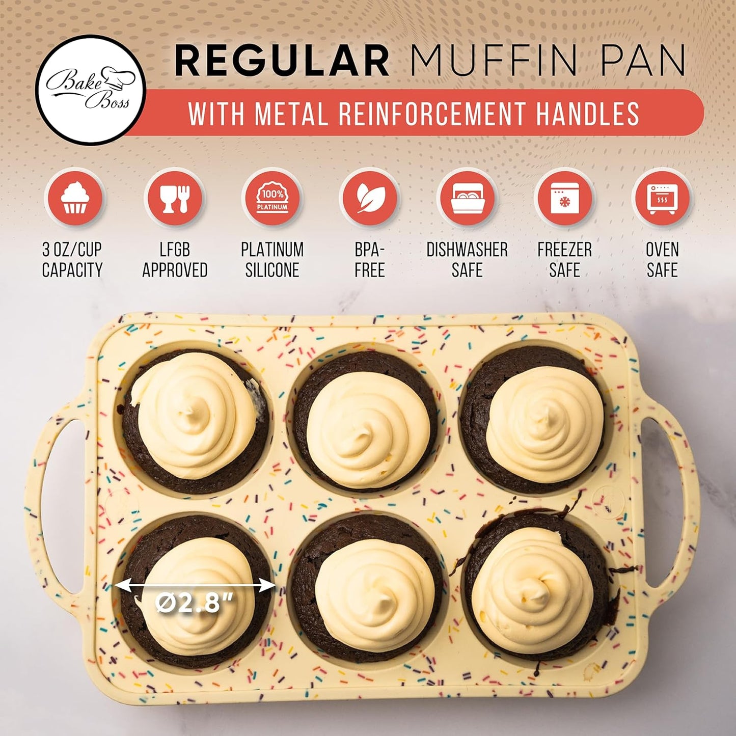 2 Pack Confetti Regular Size 6 Cup Silicone Muffin Pans for Baking, Non-Stick Silicone Cupcake Pans for Baking,Easy-Release, Metal Handles, Dishwasher Safe & BPA Free - Confetti Color