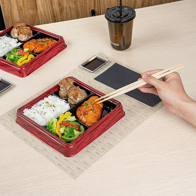 Restaurantware-Bento Tek 17.9 Ounce Meal Prep Containers, 100 Disposable To Go Food Boxes - Lids Sold Separately, 4 Compartments, Red And Black Plastic Bento Lunch Boxes, Freezable, For Take Out