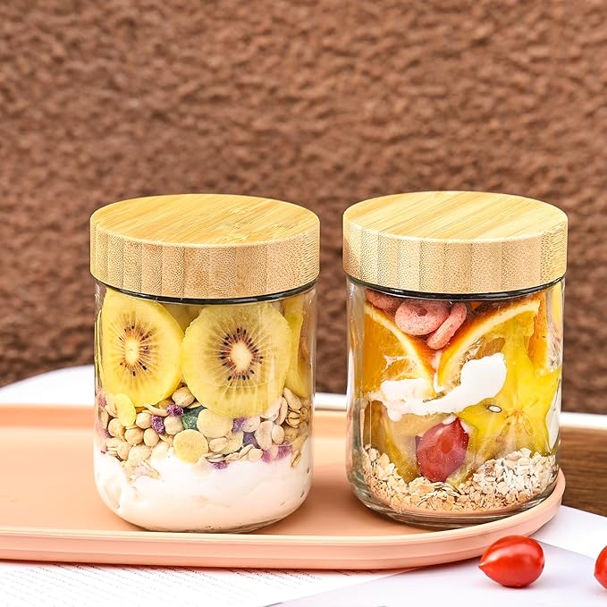 YUNCANG Glass jars with Airtight Lids, 16oz Overnight Oats Containers with Bamboo Lids, 6 Pack Wide mouth Mason Salad jars, Glass Food Storage Containers for Spice Sugar Snacks Yogurt