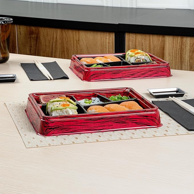 Restaurantware-Bento Tek 18.3 Ounce Meal Prep Containers, 50 Disposable To Go Food Boxes - Lids Sold Separately, 5 Compartments, Red And Black Plastic Bento Lunch Boxes, Freezable, For Take Out