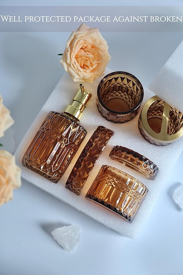 Amber Brown Bathroom Accessories Set, 5Pcs Clear Glass Bathroom Accessories, Hand Soap Dispenser, Soap Dish, Toothbrush Holder Set, Qtips Holder for Crystal Vintage Bathroom Decor, Gift Set