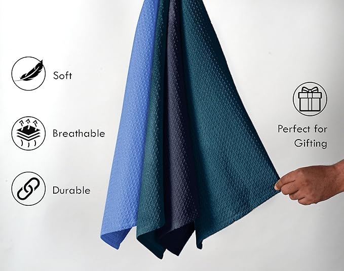 Waffle Dishcloths, 12x12 Inch, Soft, Absorbent, Durable, Quick Drying, Reusable, Machine Washable, 100% Cotton, Ideal for Drying Dishes, Multipurpose Use, 12 Pack, Navy,Teal, Sky Blue