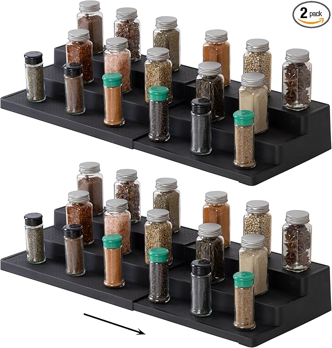 SIMPLEMADE 3-Tier Spice Rack Organizer - Versatile Storage Shelf for Kitchen, Bathroom, Bedroom & Office, Set of 2, Expandable Black