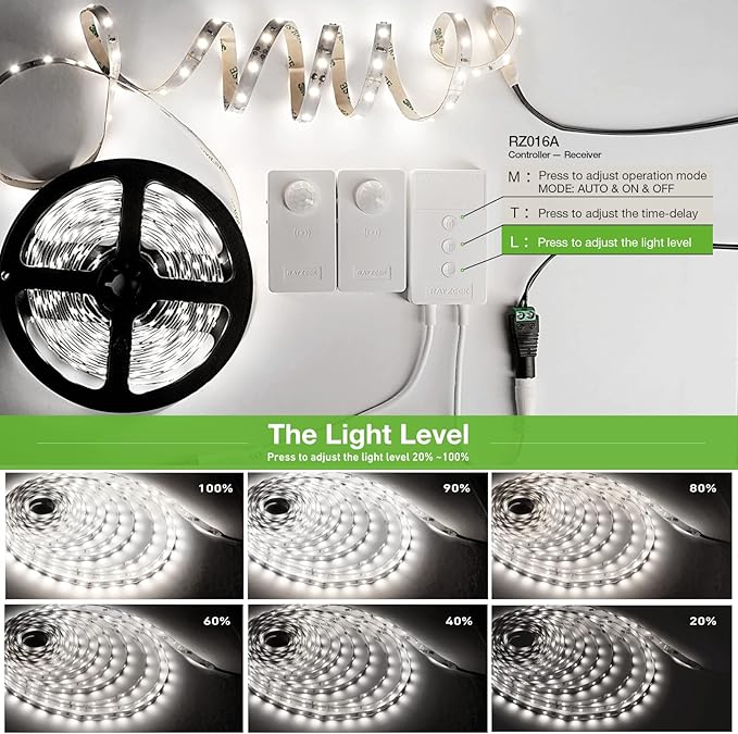 Wireless Motion Activated LED Strip Lights,19.7FT LED Strip Lights with Power Adapter,RF Wireless Motion Sensor Control Dimmer,Timing,Cool White (1×Controller+2×Motion Sensor)