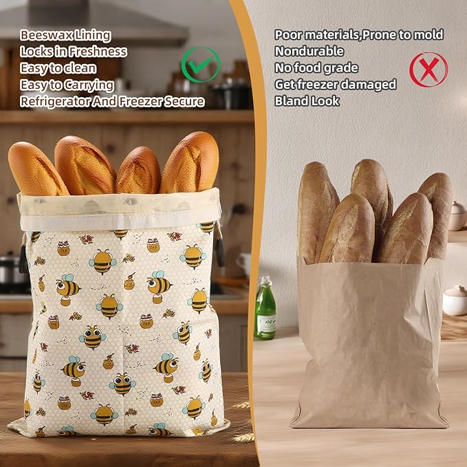Reusable Beeswax Bread Bags for Homemade Bread, 17"×13" Natural Beeswax Cotton Sourdough Breads Bags, Easy to Clean Food Storage Bag, Bakery Essentials (2 Pack)