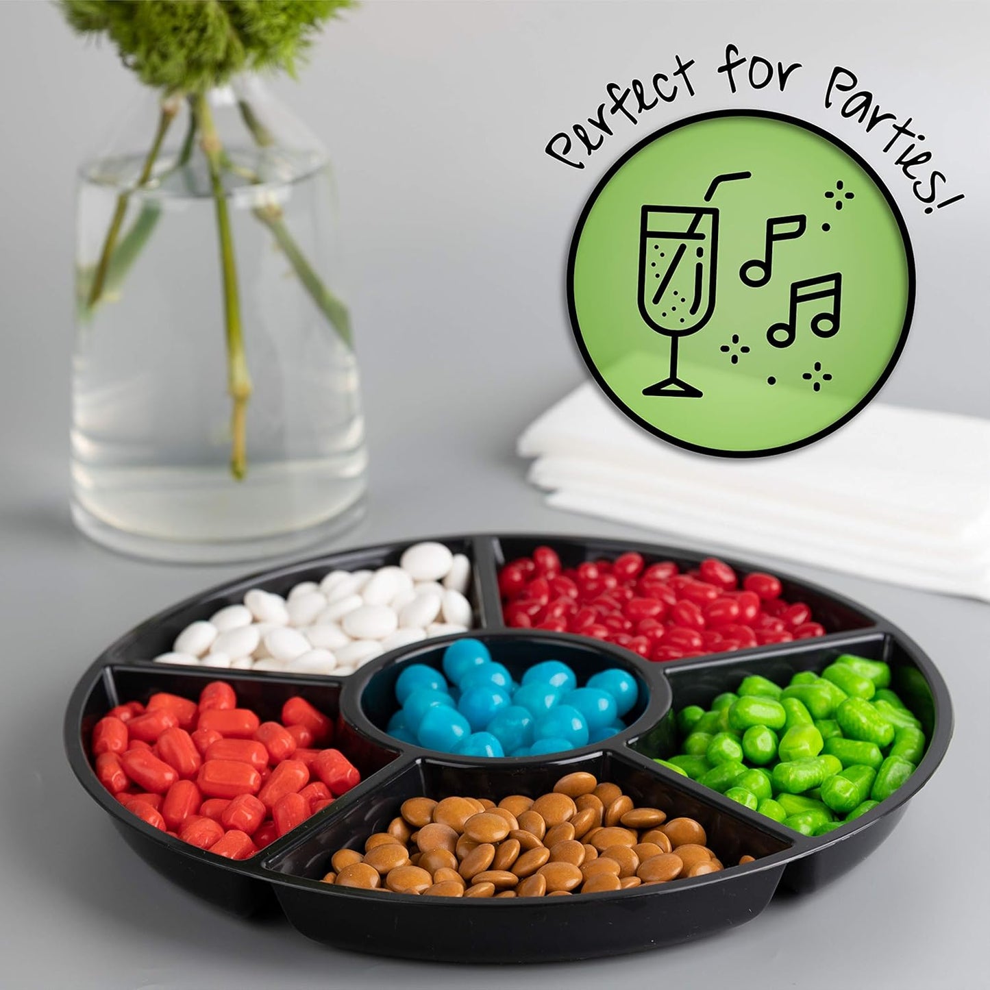 Plasticpro 6 Sectional Round Plastic Serving Tray/Platter (8, Black)