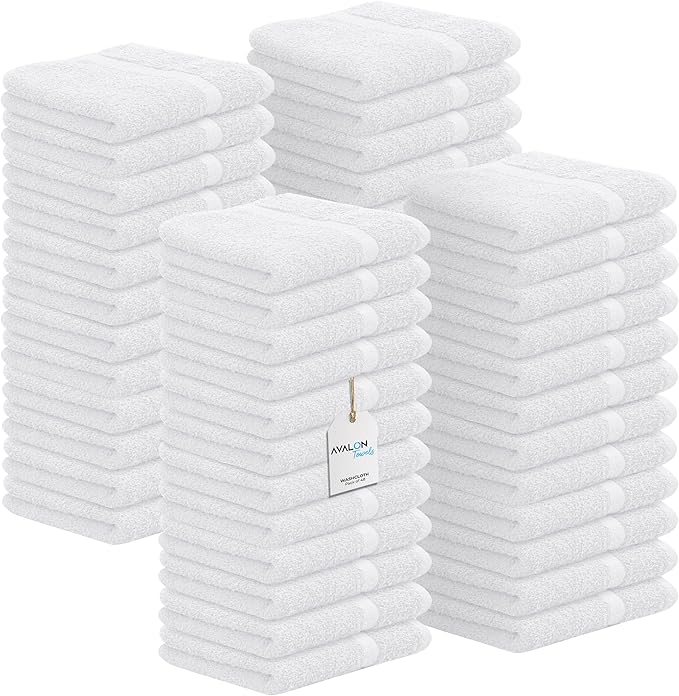 Avalon Towels Cotton Washcloths – (Pack of 48) Size 12x12 Inches, 100% Ring Spun Cotton, Soft & Absorbent Face Towels, Gym Towels, Hotel and Spa Quality, Reusable Fingertip Towels (White)
