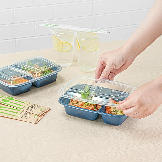 Restaurantware-Asporto 26 Ounce Compartment Take Out Boxes, 100 Microwavable Meal Prep Containers - 2 Compartments, With Clear Plastic Lids, Midnight Blue Plastic Food Containers, Do Not Contain BPA