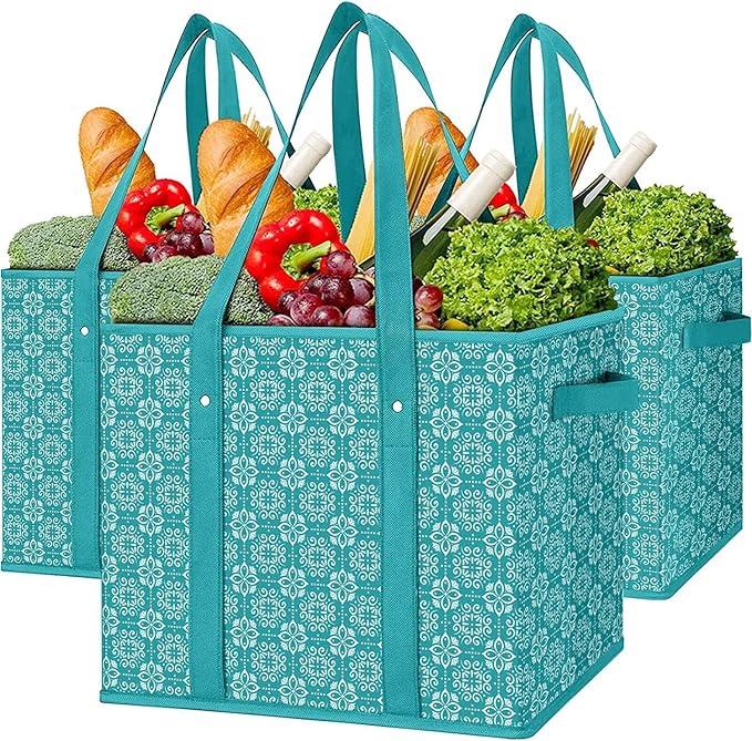 WISELIFE Reusable Grocery Bags [3 Pack],Large Grocery Tote Bag Water Resistant Shopping Bags Foldable Grocery Bag for Clothes,Shoes and Picnic,Green