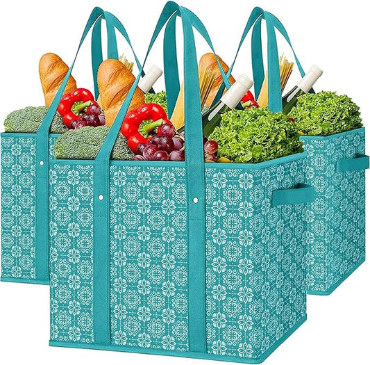 WISELIFE Reusable Grocery Bags [3 Pack],Large Grocery Tote Bag Water Resistant Shopping Bags Foldable Grocery Bag for Clothes,Shoes and Picnic,Green