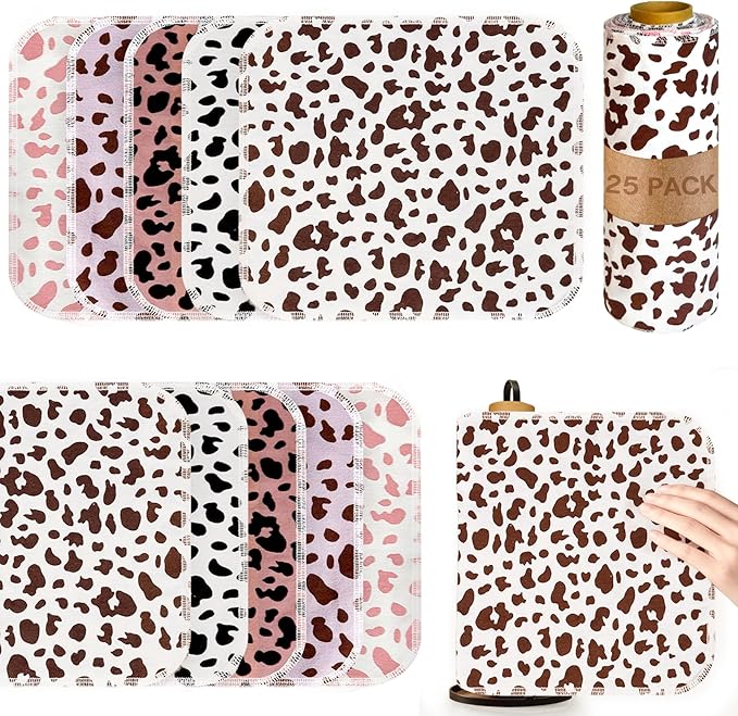 25 Pack Cow Pattern Print Reusable Paper Towels Bulk Washable Cotton Towels for Kitchen Rustic Dish Towel Cloth Hand Towels with Cardboard Roll Napkins Rag Bathroom Supplies(10x12in)