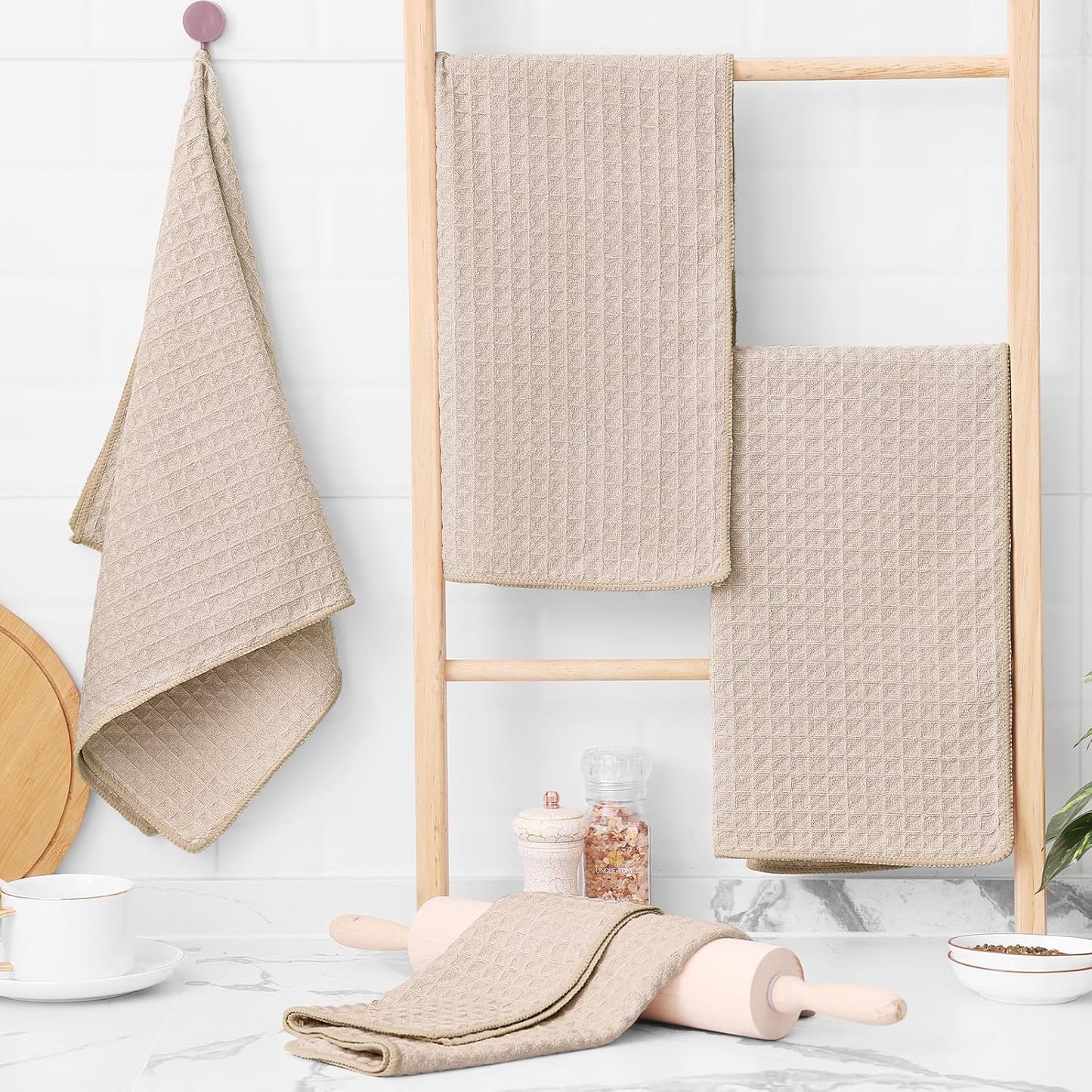Homaxy Microfiber Waffle Weave Kitchen Towels, 16 x 28 Inch Ultra Absorbent and Solid Color Dish Towels, 4 Pack, Beige