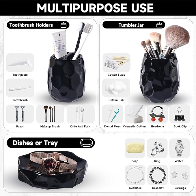 Ceramic Bathroom Accessories Set 4 PCS,Modern Bathroom Accessory Set,Include Toothbrush Holder,Soap Dispenser, Vanity Tray,Tumbler,Bathroom Sets Decor Organizer with Soap Dish,Apothecary Jar (Black)