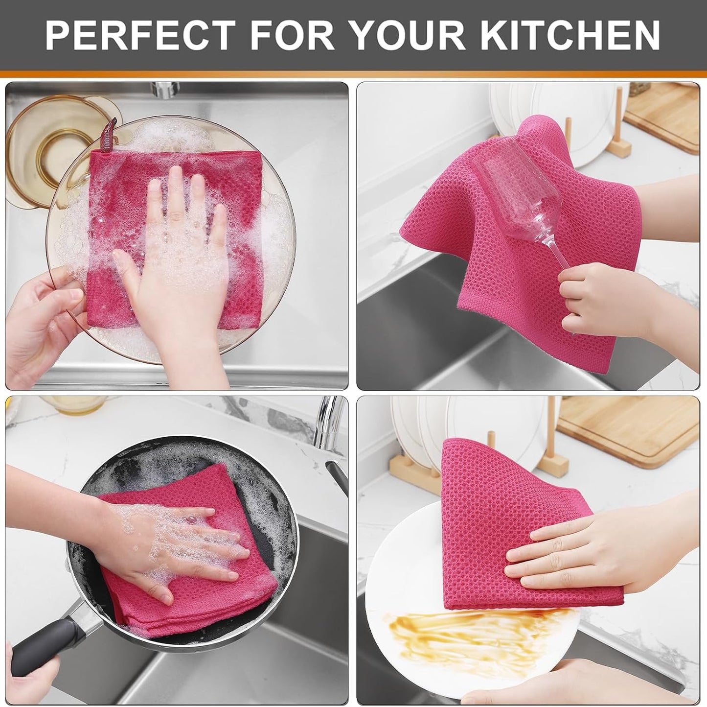 Kitinjoy 100% Cotton Kitchen Dish Cloths, 8 Pack Waffle Weave Ultra Soft Absorbent Dish Towels for Drying Dishes Quick Drying Kitchen Towels Dish Rags, 12 X 12 Inches, Hot Pink