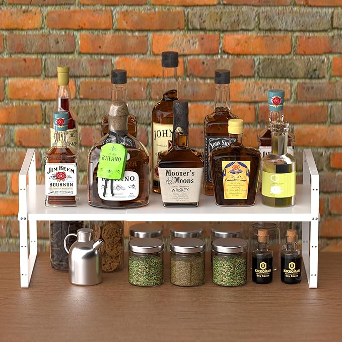 SANNO Expandable Kitchen Shelf Organizers, Large Kitchen Cupboard Organizer Stackable Counter Shelf Spice Rack Expandable Shelves,Pantry Storage Organization, White,1 pack