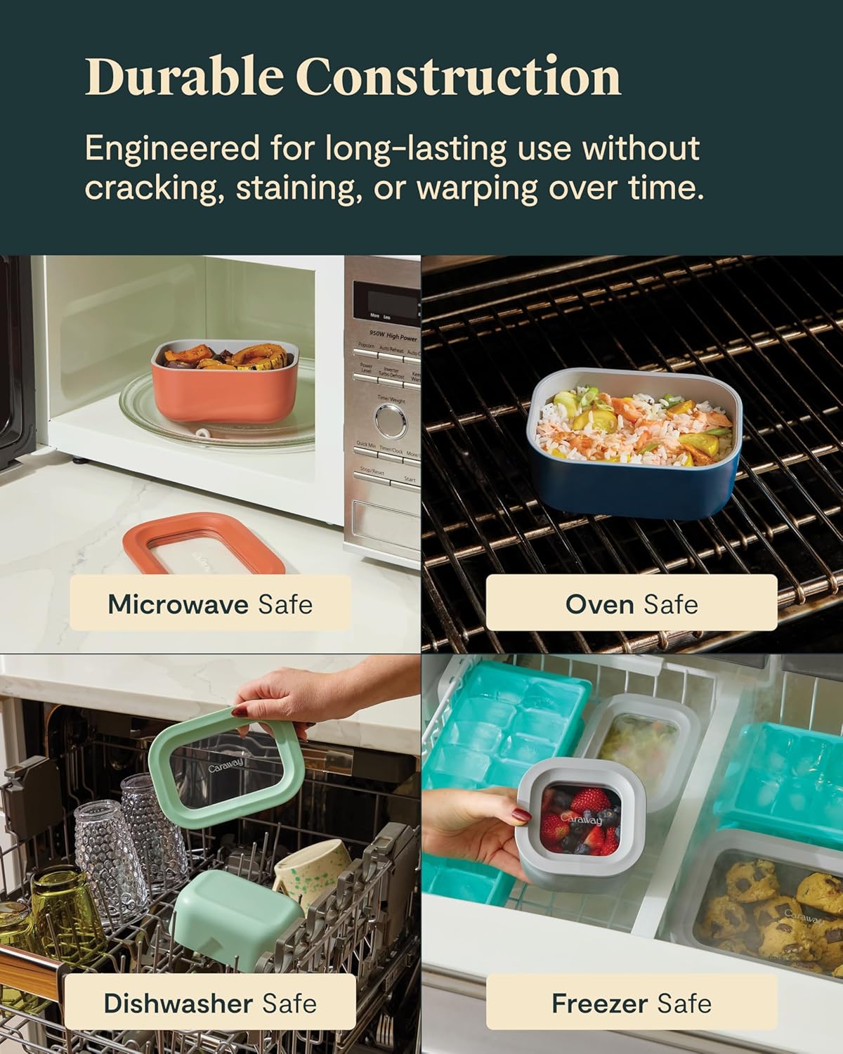 Caraway 6pc Glass Food Storage Set – 4.4 Cup Food Containers (6) - Ceramic Coated - Non Toxic, Non Stick with Lids - Microwave Safe - Mist