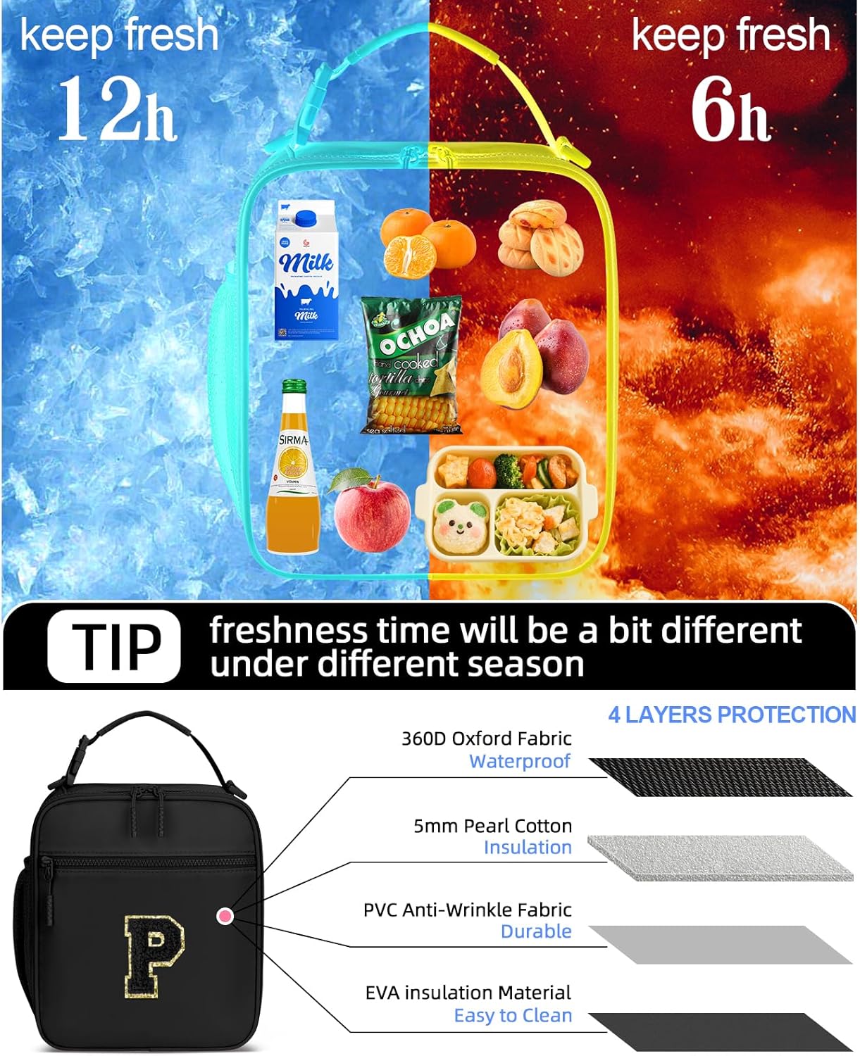 Initial Insulated Lunch Bag for Boys Kids, Back to School Gift, Reusable Leak-proof Lunch Box with Adjustable Strap for School Daycare Travel Picnic（Black，P）
