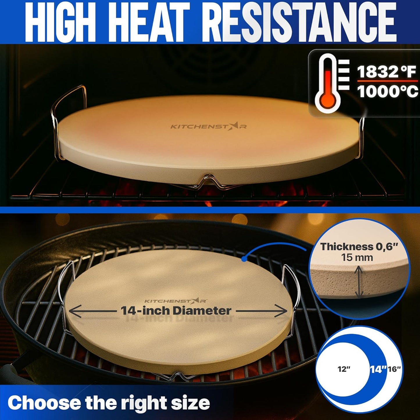 KitchenStar 14-inch Pizza Stone for Oven and BBQ Grill with Handles, Round, 5/8" Thick - Natural Cordierite, 1800 °F Resistant, Baking Stone Set with Stainless Steel Rack & Plastic Scraper Tool
