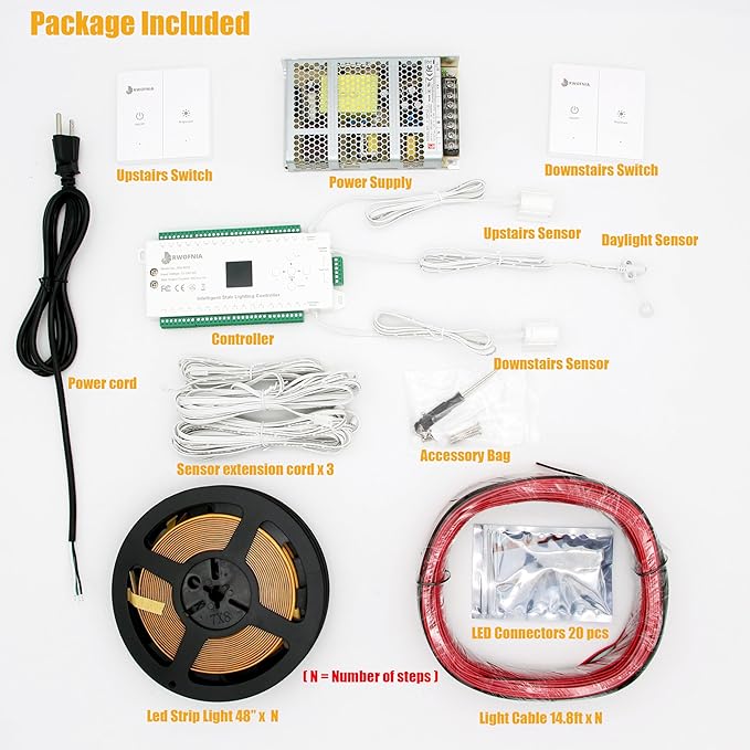 RW-5630 Motion-Activated LED Stair Lighting Kit with Daylight Sensor, 48" Warm White 3000K Cuttable Strip Light for Indoor LED Stair Lights (18 Steps)