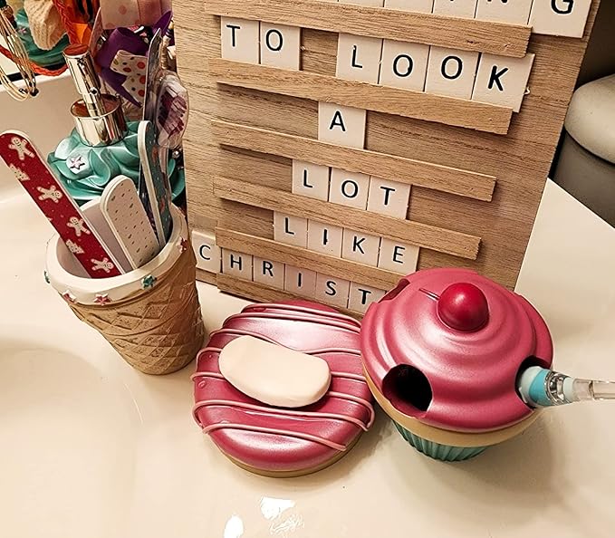 Bathroom Accessories Sets Organizer Complete with Milkshake Lotion/Soap Dispenser,Egg Tube Bath Cup/Tumbler,Donut Soap Dish,Cake Toothbrush Holder for Kids Bath Decor (Pink)