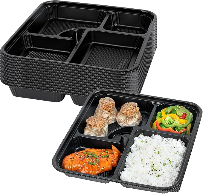 Restaurantware-Bento Tek 39.6 Ounce Meal Prep Containers, 100 Disposable To Go Food Boxes - Lids Sold Separately, 5 Compartments, Black Plastic Bento Lunch Boxes, Microwavable, Freezable