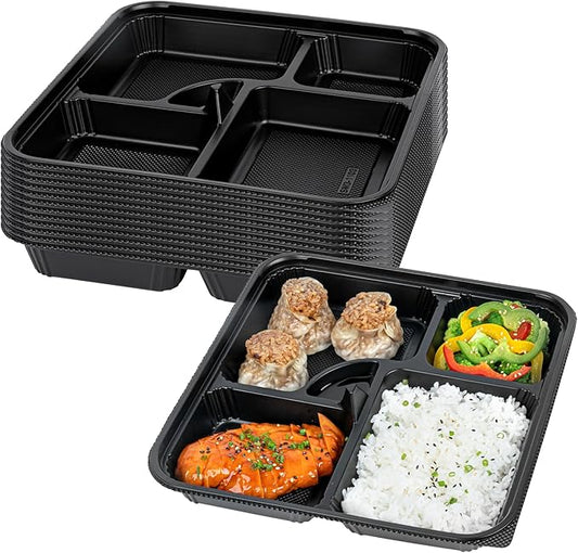 Restaurantware-Bento Tek 39.6 Ounce Meal Prep Containers, 100 Disposable To Go Food Boxes - Lids Sold Separately, 5 Compartments, Black Plastic Bento Lunch Boxes, Microwavable, Freezable