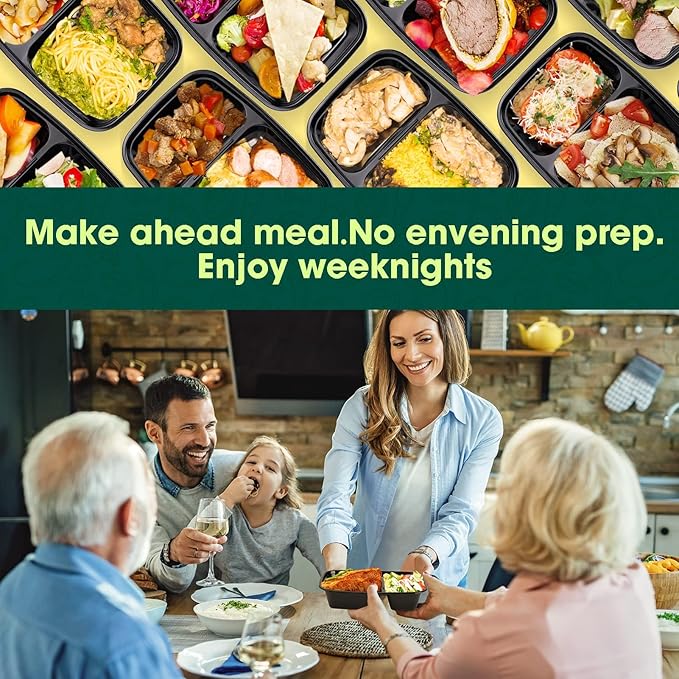 Glotoch Express 32oz Black Two-Compartment Square Meal Prep Containers, Food Storage Containers with Lids for Microwave Dishwasher Freezer Safe 300pack