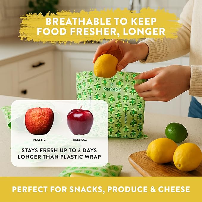 Beeswax Wrap Storage Bag, Reusable Food Storage Bags, Pack of 6, Plastic Free Biodegradable Food Wrap Alternative, Family Pack, 3 Small + 2 Medium + 1 Large, (Green)