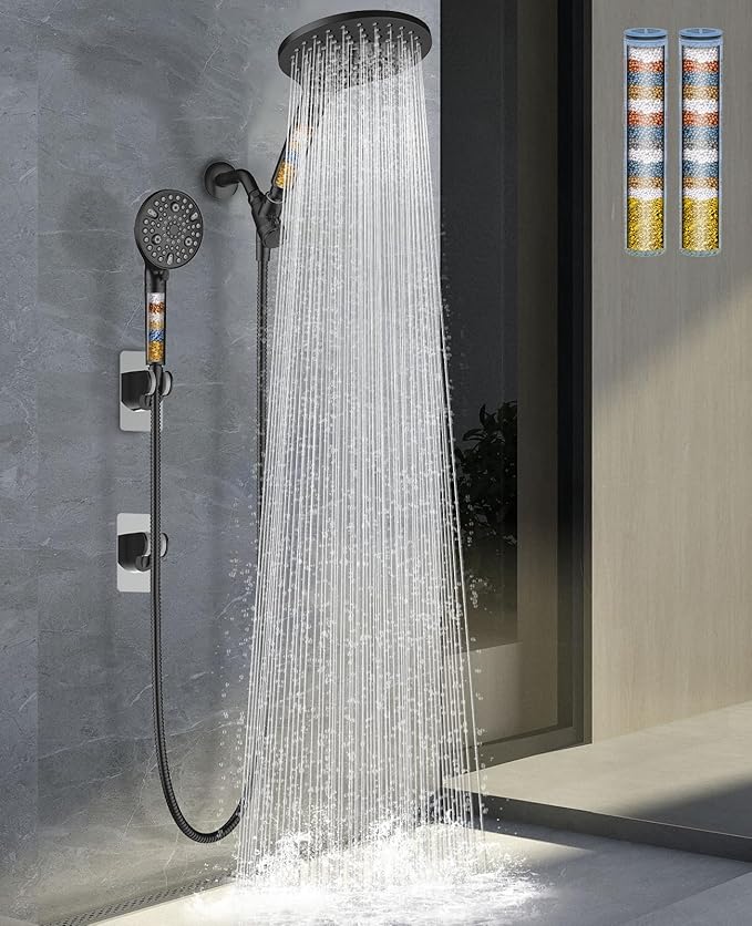 Shower Niche for Shower Wall, High Pressure Rain Shower Head with Handheld Spray Built-in Power Wash, Dual Showerhead with Handheld for Hard Water, Remove Chlorine for Healthier Skin, Hair