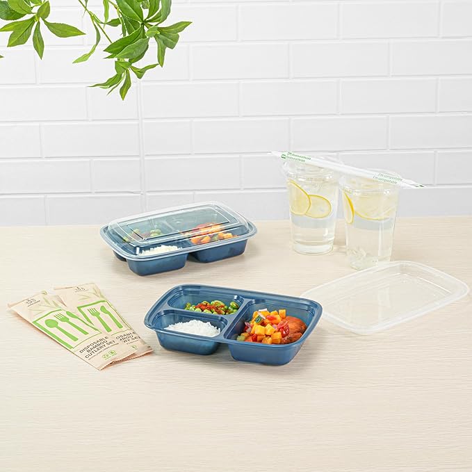 Restaurantware Asporto 26 Ounce Compartment Take Out Boxes, 100 Microwavable Meal Prep Containers - 3 Compartments, With Clear Plastic Lids, Midnight Blue Plastic Food Containers, Do Not Contain BPA