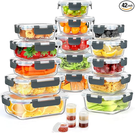 42pcs Glass Food Storage Containers with Lids Set, 21 Containers & 21 Lids Glass Meal Prep Containers with Snap Locking Lid Set, Leak Proof Lunch Container BPA-Free,Grey