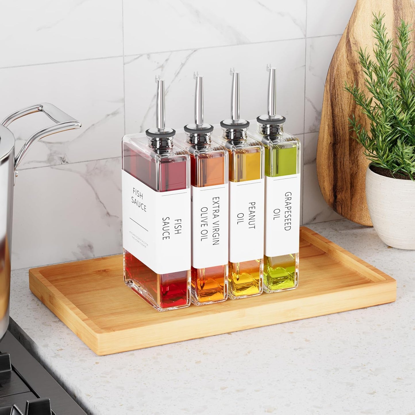 New England Stories Kitchen Cooking Oil Dispenser Set, Olive Oil and Vinegar Bottles, Soy Sauce Dispenser - 6 Pieces, Silver, Durable & Stylish Design