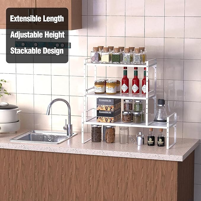‎Expandable Kitchen Cabinet Storage Shelf, Stackable Metal Pantry Storage Shelves Organizer, Adjustable Height Counter Spice Rack for Kitchen Cabinet (White - 16.5"-27" L x 8" W x 9.6" H - 3Pack)