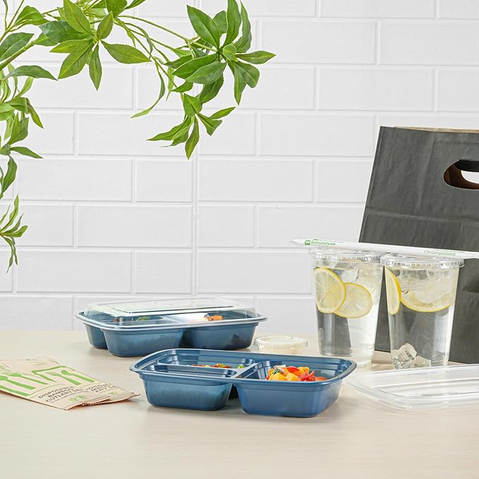 Restaurantware Asporto 26 Ounce Compartment Take Out Boxes, 100 Microwavable Meal Prep Containers - 3 Compartments, With Clear Plastic Lids, Midnight Blue Plastic Food Containers, Do Not Contain BPA