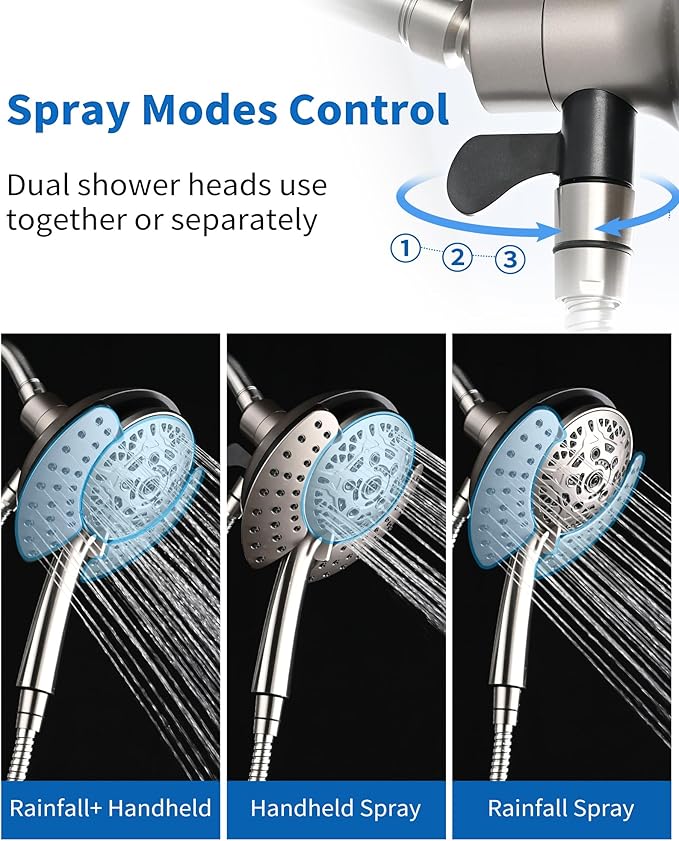 2.5GPM Shower Heads with Handheld Spray Combo: 7.2" Rainfall Shower Head & Hand Held Shower Head 2-IN-1 Shower Head with 60" Rotatable Stainless Steel Hose Nickel, Shower Trim Systems