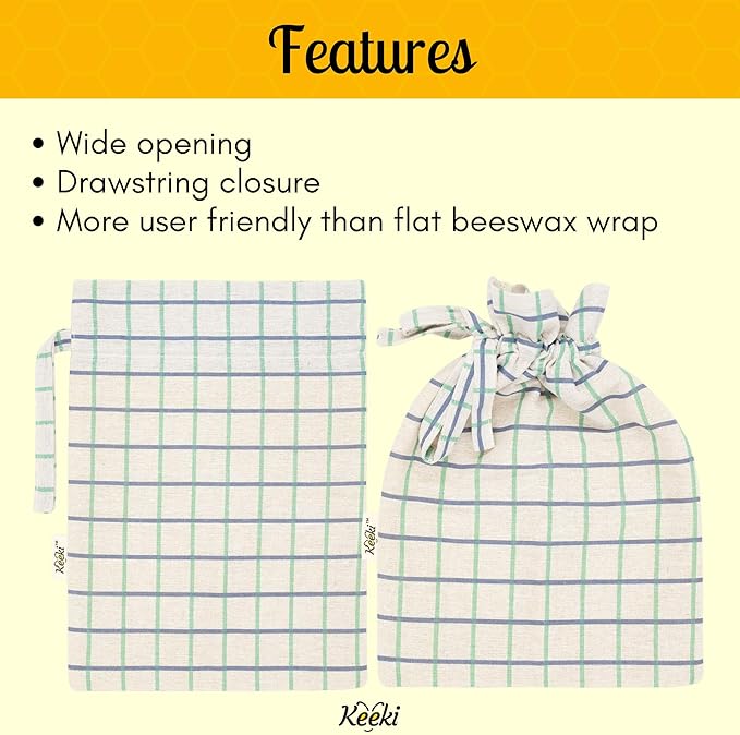 Keeki Bag - The Original Beeswax Lined Bread Bag for Homemade & Sourdough | Reusable Linen Bread Storage | Beeswax Wrap Alternative | Plastic-Free Storage w/Wide Drawstring Closure (Blue)
