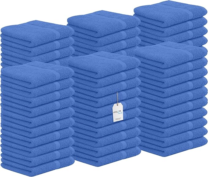 Avalon Towels Cotton Washcloths – (Pack of 60) Size 12x12 Inches, 100% Ring Spun Cotton, Soft & Absorbent Face Towels, Gym Towels, Hotel and Spa Quality, Reusable Fingertip Towels (Blue)