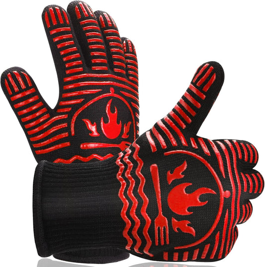 BBQ Gloves, 1472°F Extreme Heat Resistant Grill Gloves, Non-Slip Food Grade Silicone Oven Mitts Gloves for Kitchen, Cooking, Barbecue, Baking, Smoker Red (11inch)
