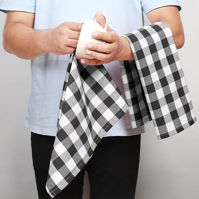 Black Gingham Kitchen Towels, 18x26 Inches, Soft, Absorbent, Durable, Quick Drying, 100% Cotton, Washable & Reusable, Premium Check Towels for Drying Dishes, Drying Hands, and Cleaning