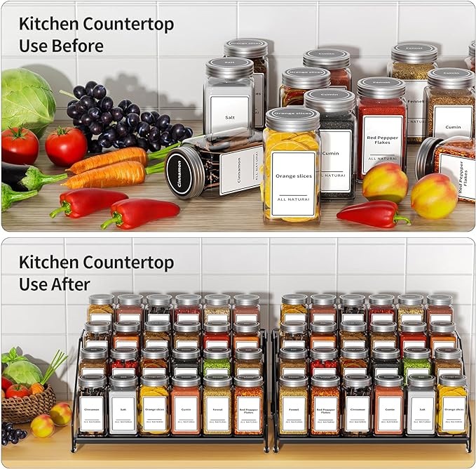 4 Tier Spice Rack Organzier, Spice Rack for Cabinet, Adjustable Depth Seasoning Shelf for Countertop, Pantry, Seasoning Organizer, Metal, Black (2 Pack)